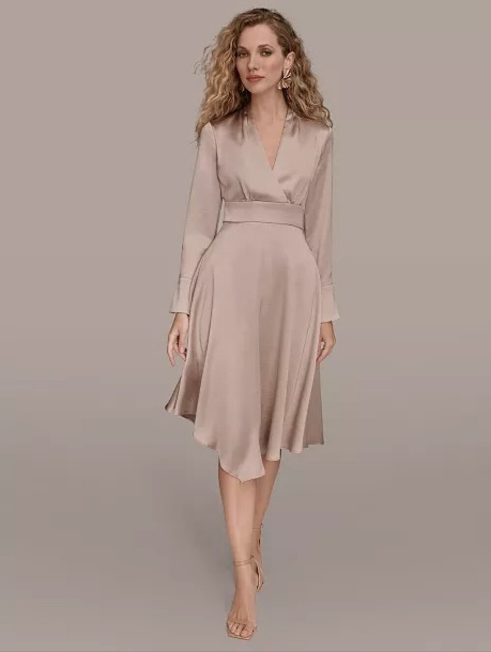 Dona Karan New York Satin V-Neck Long Sleeve Fit & Flare Dress in Blush
